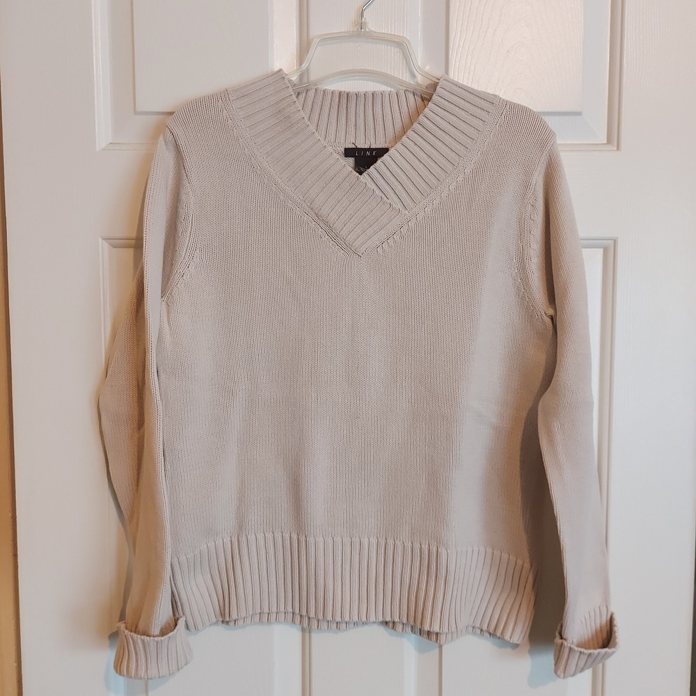 Link Womens Beige 100% Cotton V-Neck Ribbed Knit Pullover Sweater Size Large